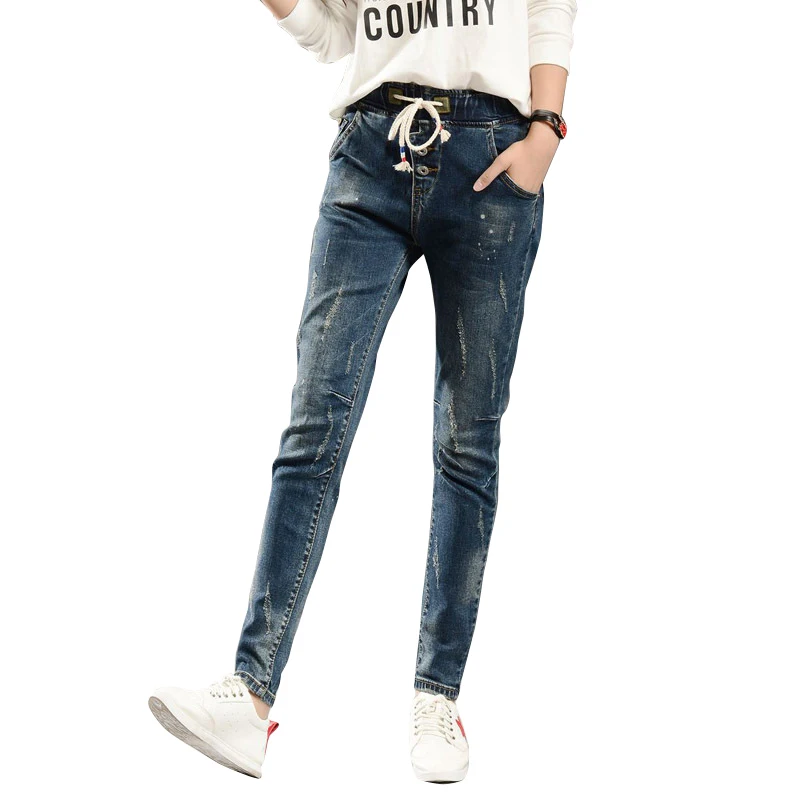 2017 drawstring Women Denim cotton mid Elastic waist Pants