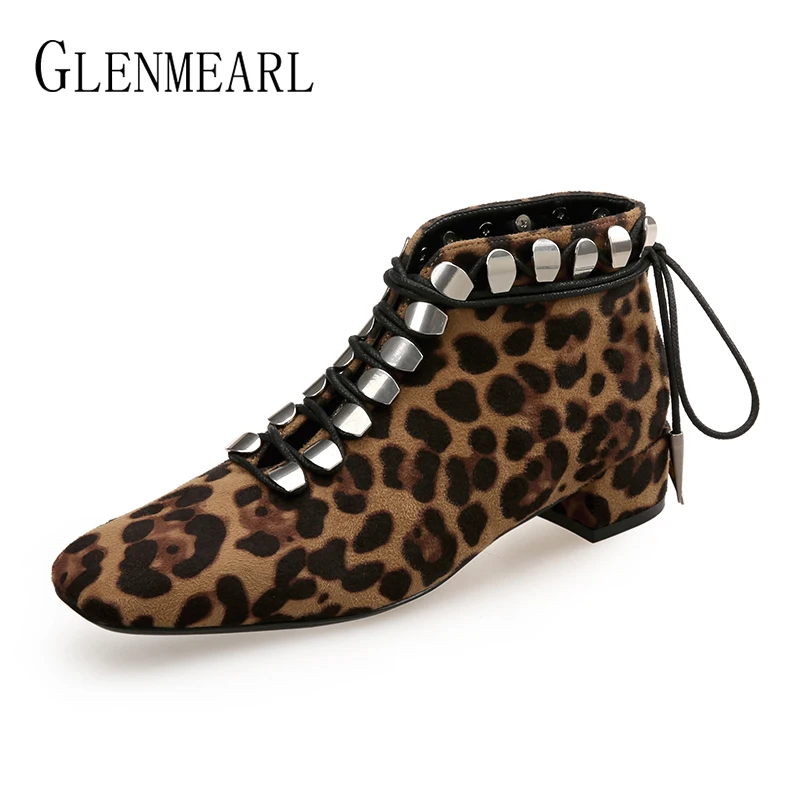 Las mujeres botas de invierno zapatos casuales zapatos de marca de zapatos de tacón alto tobillo bota mujer Leopardo de moda Punk remache Laides zapatos Plus tamaño DE - 1