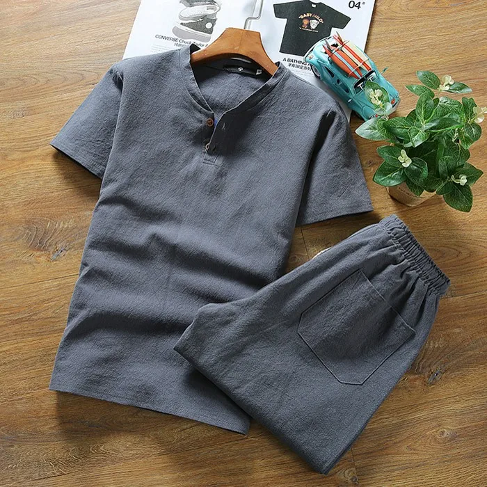 gray shorts Топ, мужской летний больших размеров, льняные мужские футболки с короткими рукавами, комплекты с v-образным вырезом, свободные костюмы из двух предметов, футболки, комплект 8xl 9XL, хип-хоп - Цвет: gray shorts