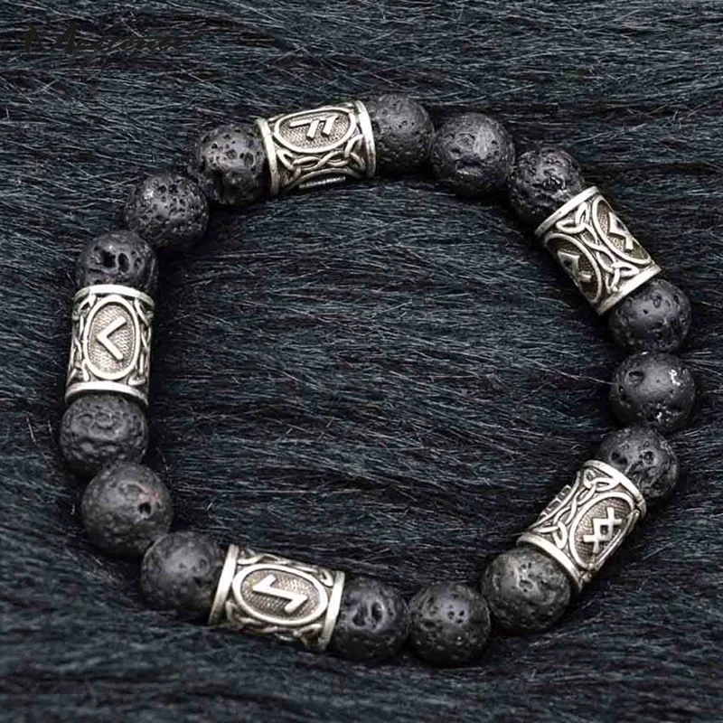 

Meetcute Gold/Silver Color Viking Rune Bracelet Natural Volcanic Stone Lava Rock Beads Bracelets & Bangles For Man Jewelry Gift