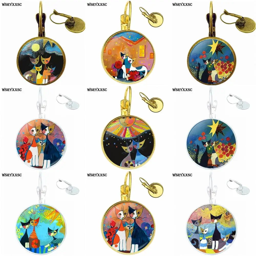 

EJ Glaze For Girls Harajuku Jewelry Glass Cabochon Bronze/Silver/Golden Clip Ear Hook Drop Earrings Rosina Wachtmeister Cats
