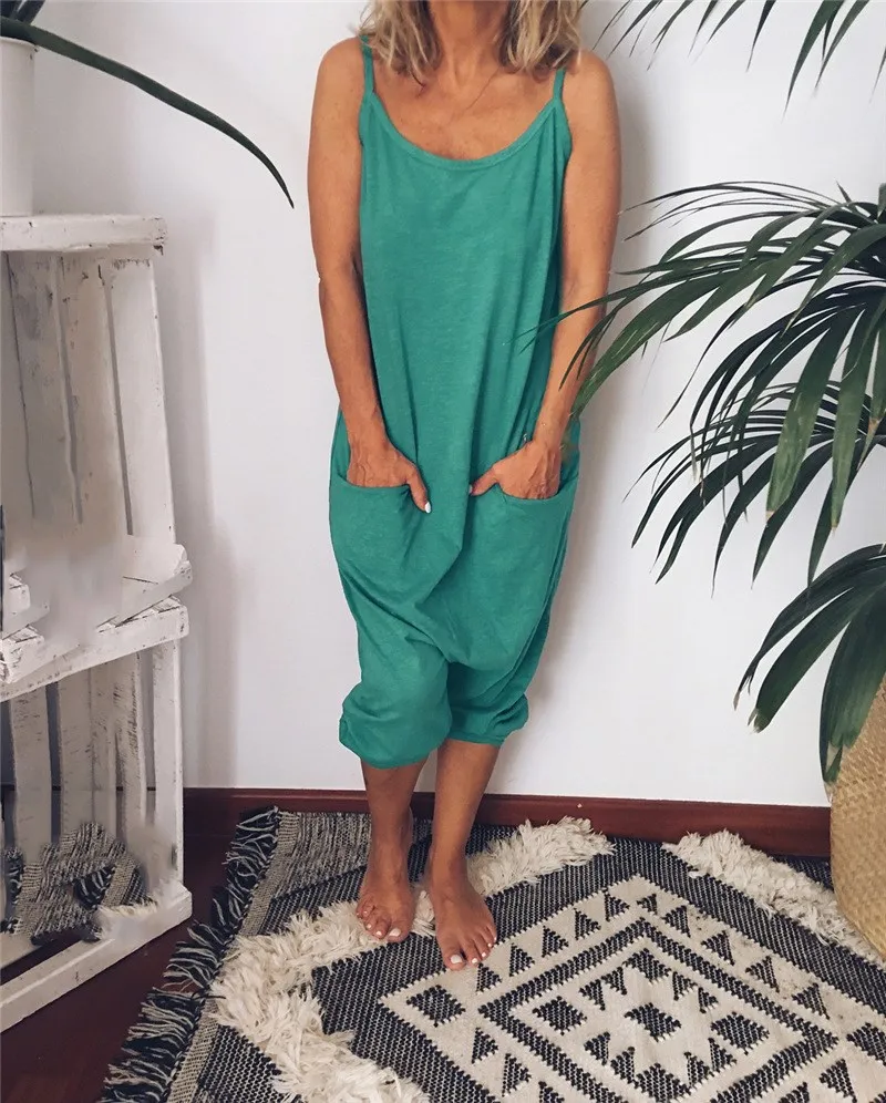 

Hot Sale 2019 Women Sleeveless Sexy Jumpsuits Summer Loose Straight Rompers Casual Strap Pockets Long Overalls Playsuit