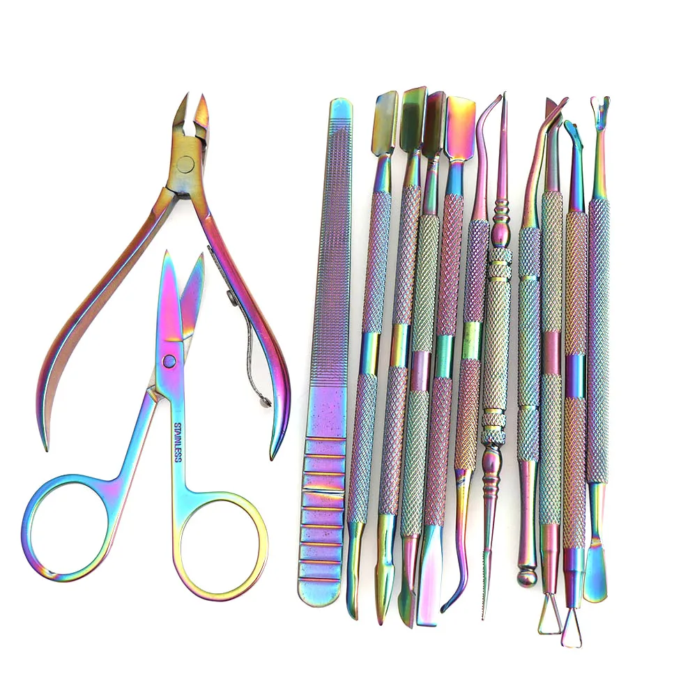 

Nail Art Color Titanium Chameleon Stainless Steel Plating Dirt Dust Remove Cleaning Curved Cuticle Pusher Manicure Pedicure Tool