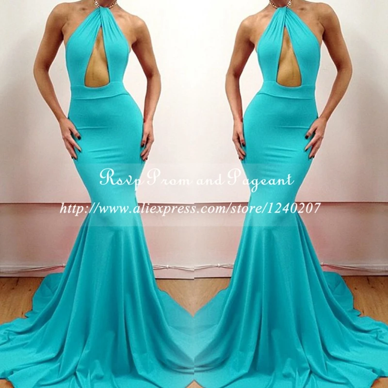 Sexy Cut Out Front Halter Neck Off The Shoulder Stretch Satin Backless Long Elegant Blue Mermaid