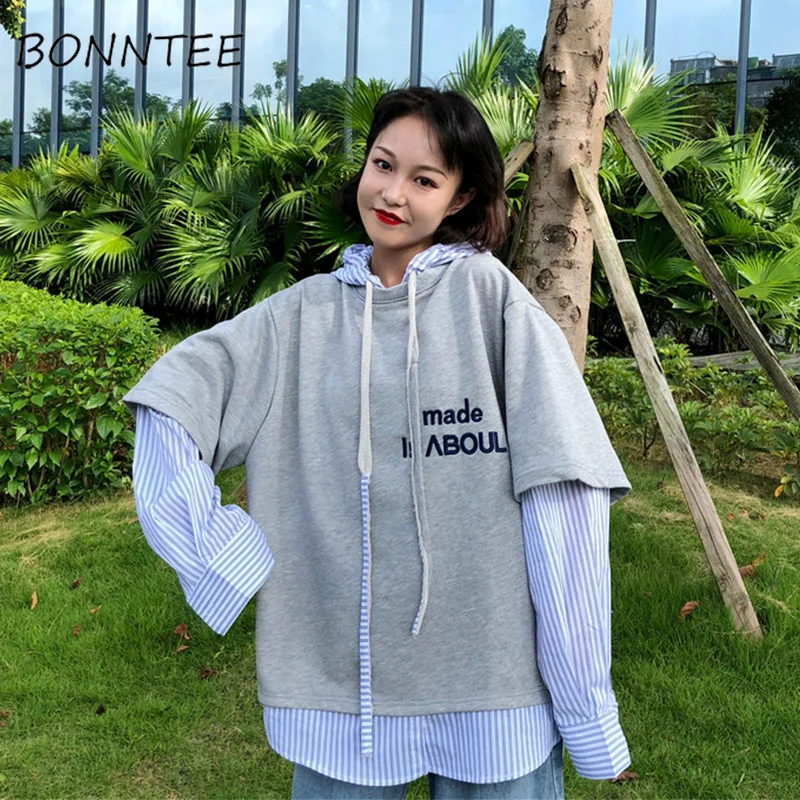 

Hoodies Plus Velvet Fake Two Pieces Patchwork Women Striped Hooded Loose Ulzzang Letter Embroidery Womens Sweatshirt Fashion