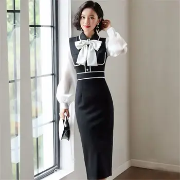 

Women Spring OL Professional Sheath Hip Dress Female Patchwork Bow Tie Party Dresses Ladies Sweet Puff Sleeve Slim Vestidos Z113
