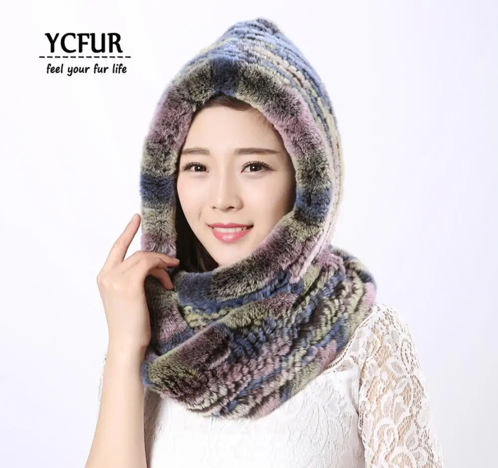 YCFUR женские шапки, шарфы, зимняя вязаная шапка из меха кролика Рекс, шарф, женские меховые шейные теплые шарфы для женщин - Цвет: color 1