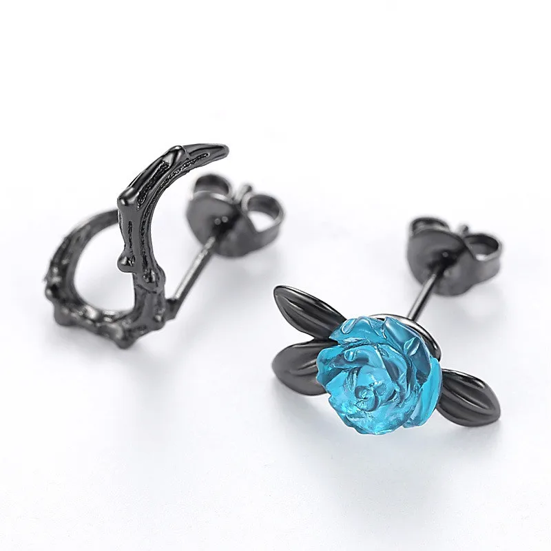 Новые модные серьги-гвоздики с голубыми розами черного цвета для женщин, асимметричные Винтажные Ювелирные изделия Brincos