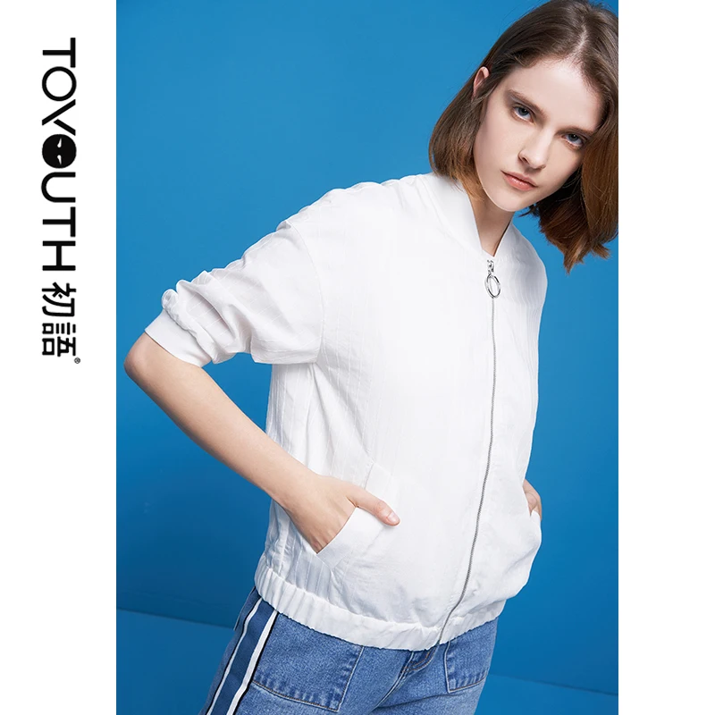 

Toyouth Summer Three Quarter Sleeve Short Jacket Sun Protective Striped Tops Boyfriend Style Casual Baseball Uniform for Women