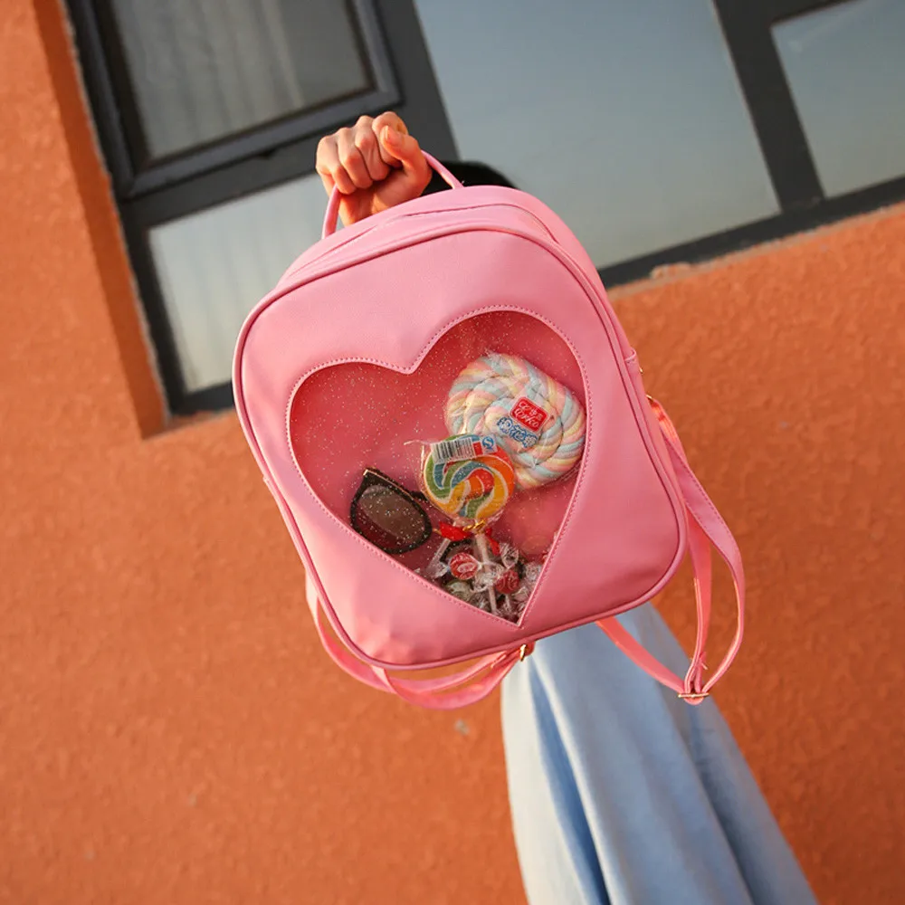 Candy Color PU Leather Ita Bag DIY Transparent Love Heart Shape Backpack Kawaii Harajuku Schoolbags For Teenage Girls#L10