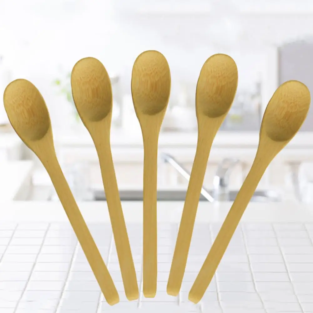

5Pcs Bamboo Long Handle Spoon Flatware Coffee Honey Ice Cream Tea Kitchen Gadget Spoons New