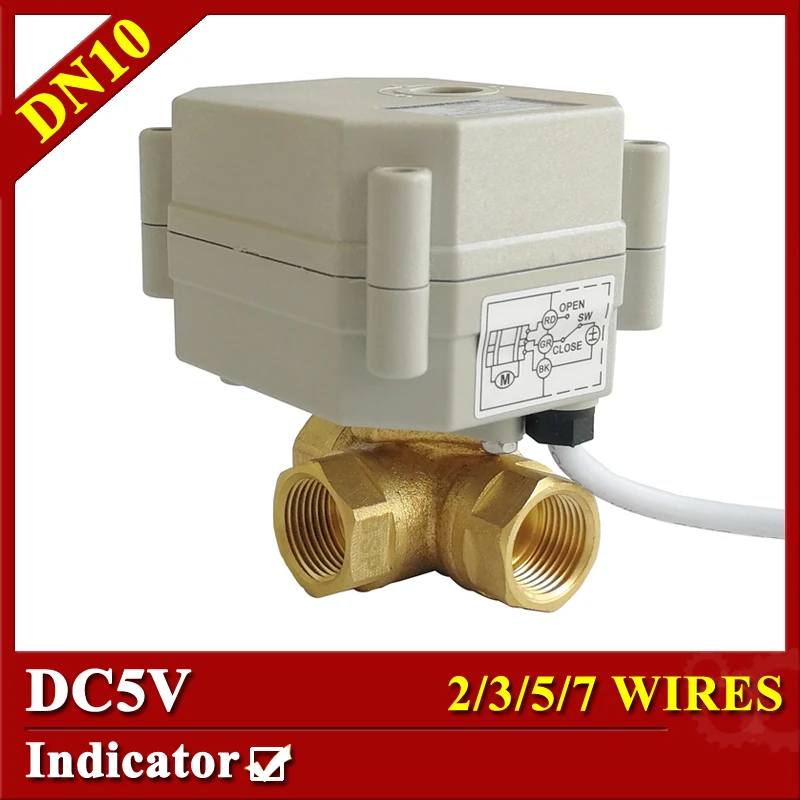 TF10-BH3-C 3 Way Horizontal Electric motorized Valve Brass 3/8" DN10 Motorized Ball Valve DC5V 2/3/5/7 Wires For Water Control