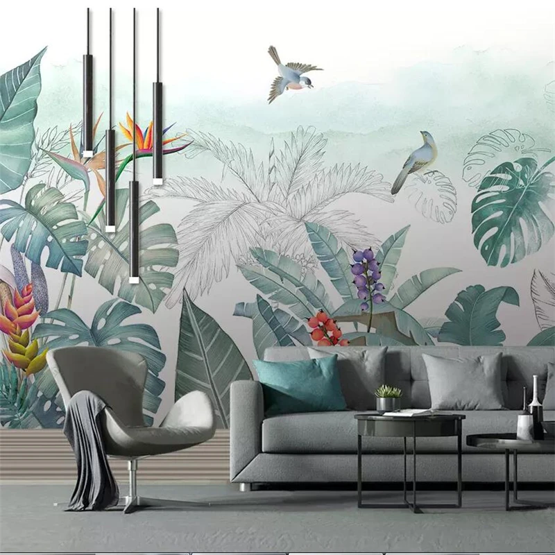 Beibehang скандинавские ручная роспись маленькие свежие тропические растения цветы и птицы фон фрески на заказ Большие Настенные обои