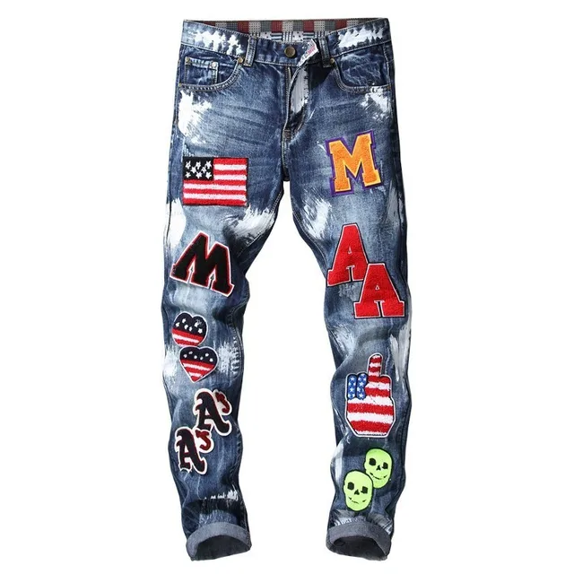Men American Flag Badge Patches Blue Denim Jeans Slim Fit Straight