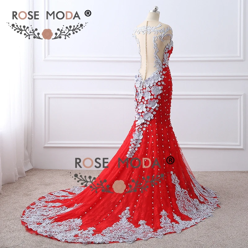 Rose Moda, роскошное Красное Кружевное платье русалки для выпускного вечера, украшенное бисером, с открытой спиной, ручная работа, 3D цветы, жемчужные пуговицы, официальное вечернее платье