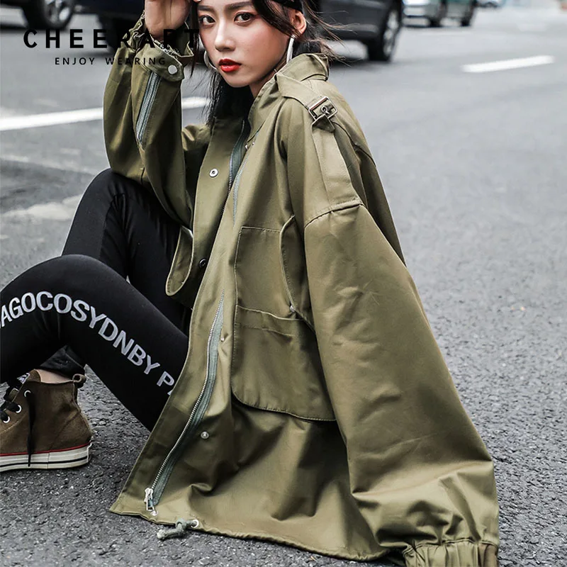 

Cheerart Green Oversise Trench Coat For Women Oversized Windbreakers Long Duster Coat 2018 Autumn Women Fashion