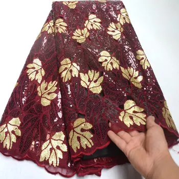 

High Quality Sequence Lace Fabric Wine + Gold Organza Lace Fabric 2019 African Lace Fabrics with Sequins for Party Dress RG807