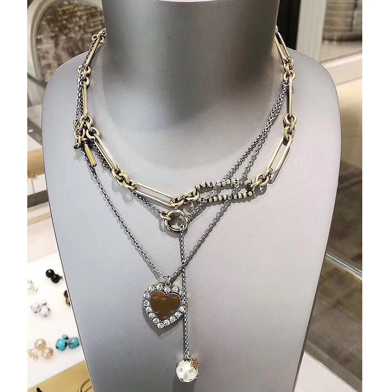 

Brand Fashion Jewelry For Women Heart Choker Vintage Chain Star Pendants Crystal Necklace Party Many Chain Fashion 36cm Choker