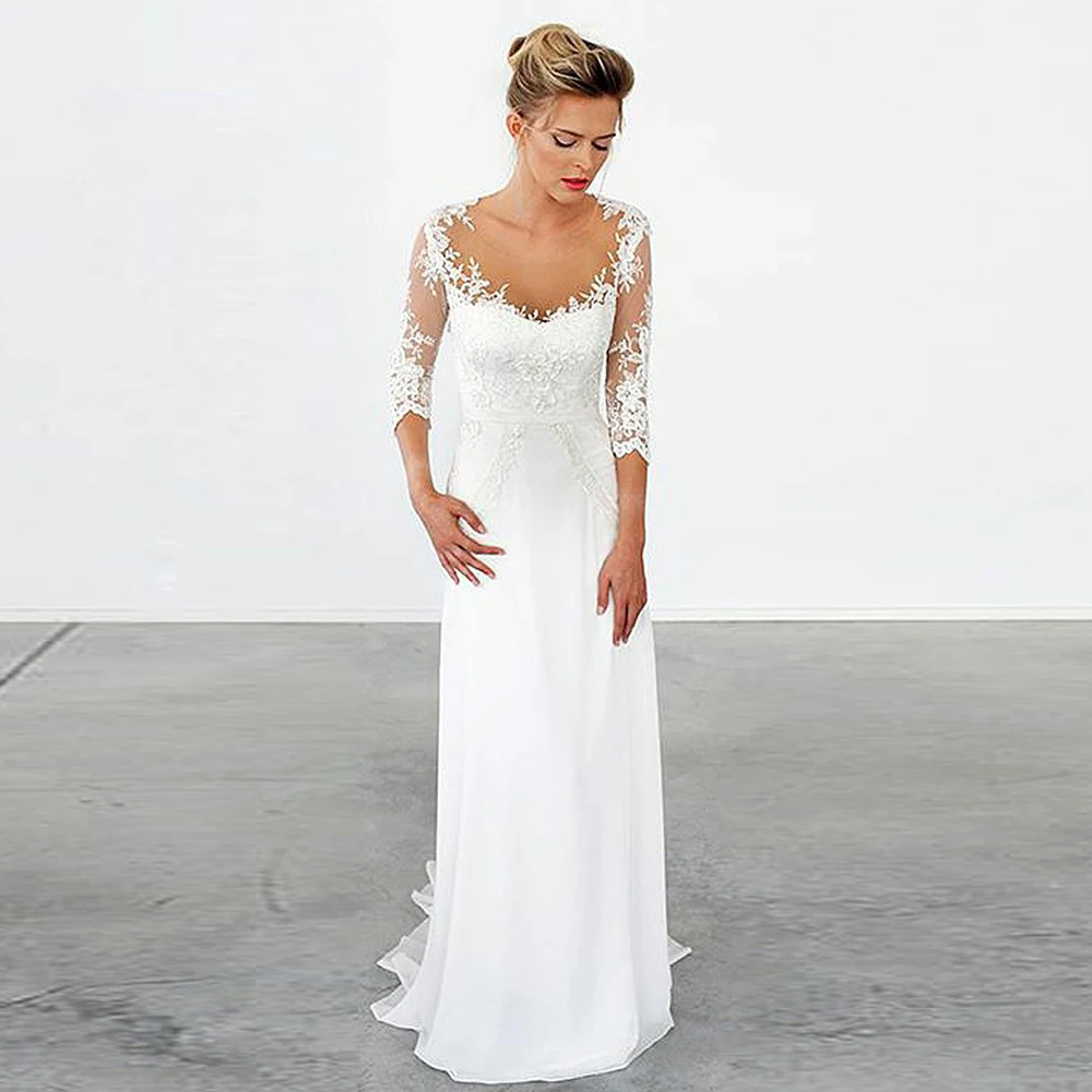 

Bbonlinedress Sheath Chiffon and Lace Wedding Dresses Illusion Scoop Neck Bridal Gowns Vestido de novia Long Wedding Gowns