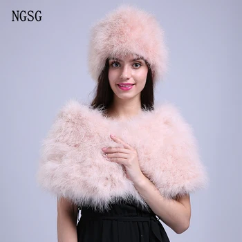 

NGSG Women Hat Scarf Set Winter Ostrich Real Fur Jewelry Keep Warm Knitted Beanie Hat and Scarves Set High School College W007