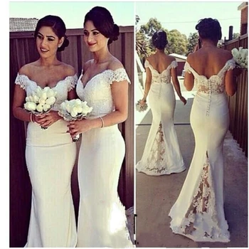

2019 A line Mermaid White Backless Bridesmaid Dress Women Fashion Elegant Off Shoulder Lace Bridesmaid Dresses Sexy Cap Sleeve