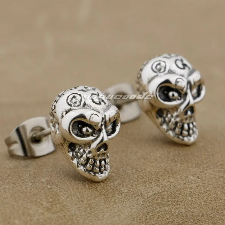 925 Sterling Silver Skull Mens Biker Rocker Earring 8R022(1pair)in Stud Earrings from Jewelry