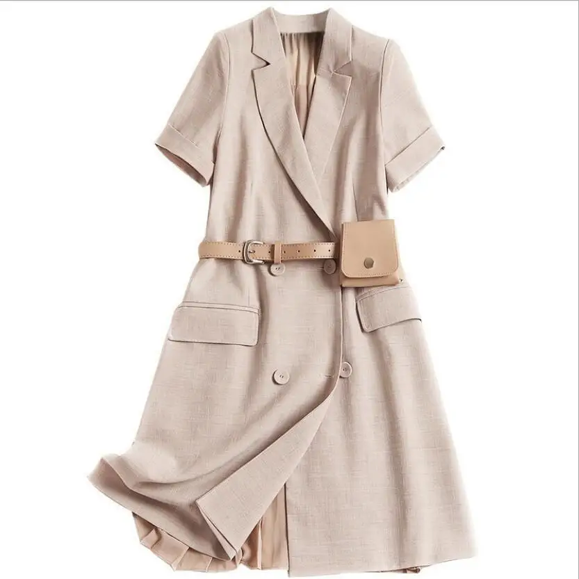 

Ladies Elegant Khaki Blazer Office Dress 2019 Spring Summer Women Short Sleeve Pleated Mini Dress