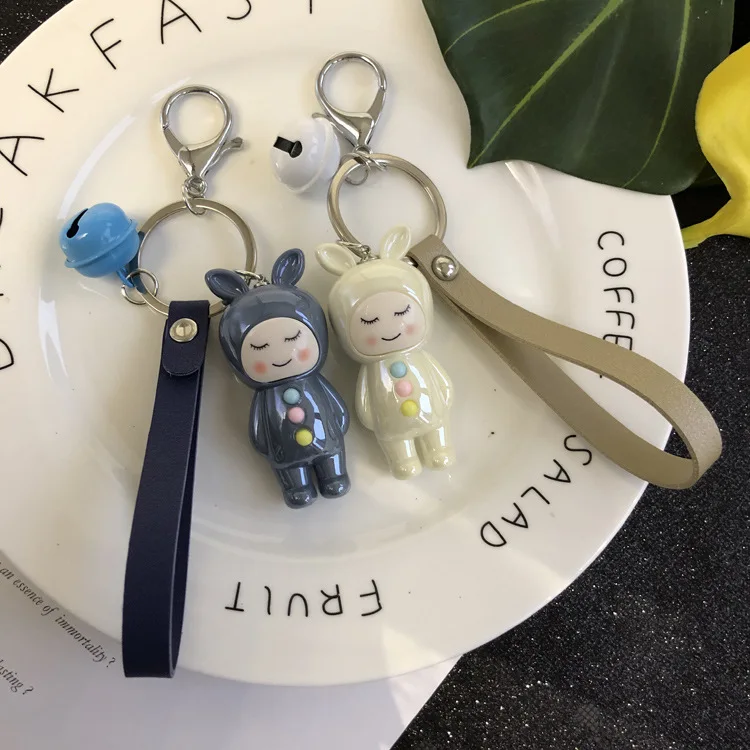 Корея Забавный Милый счастливый кролик мультфильм кукольная цепочка, милый автомобиль сумка брелок с колокольчиком кольцо, смола животные ювелирные изделия подарки
