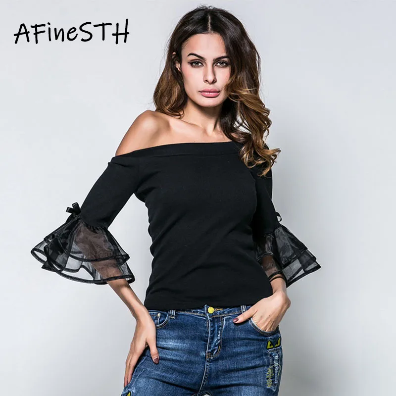 

AFineSTH Bow Slash Neck Organza Woman Tops 2019 Early Autumn New Solid Color Thin Tops Flare Sleeve Casual Streetwear Fit Tops