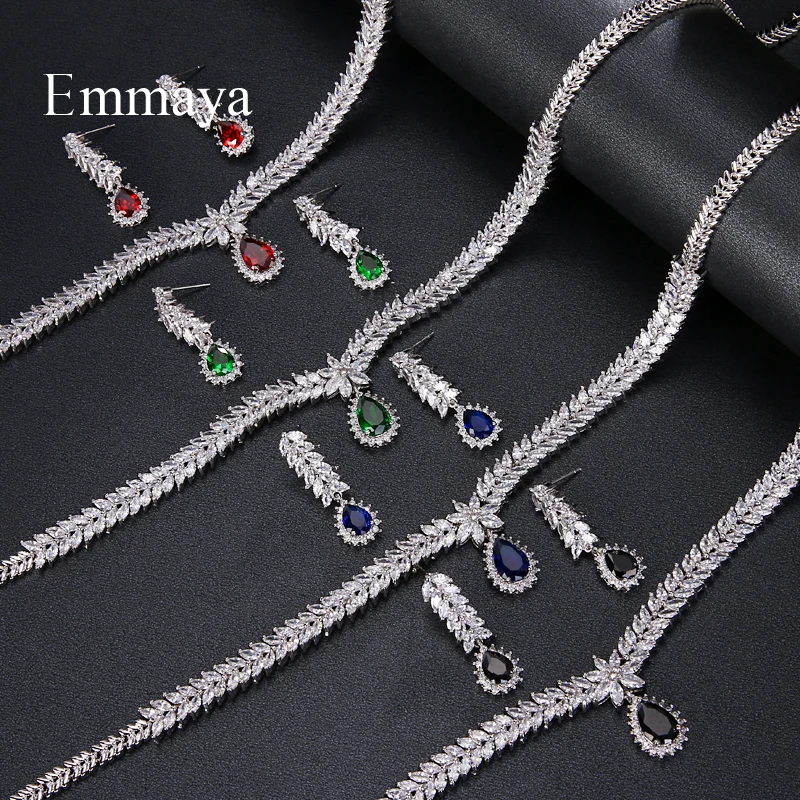 Emmaya Luxury AAA Cubic Zircon 4 Colors Water Drop Wedding Earrings Necklace For Women Bridal Jewelry Sets Party Accessories bridal jewelry sets crystal jewelry sets