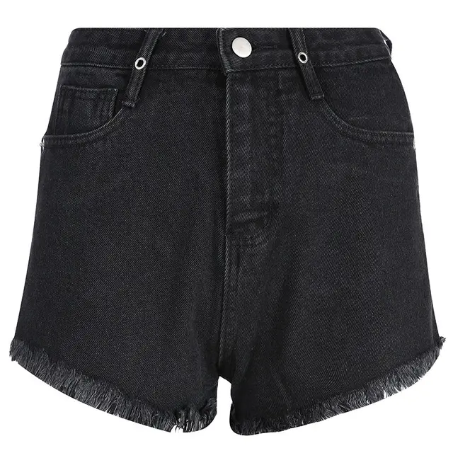 Waatfaak Summer Black Ripped Denim Shorts Women High Waist Hollow Out