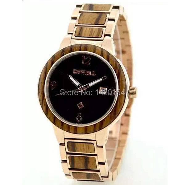 

Bewell 5ATM Waterproof Quartz Wristwatch Mens Gold Stainless Steel Zebra Wood Watch
