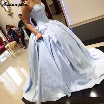 

Light Sky Blue Satin Ball Gown Prom Dresses 2019 vestido fiesta Concise Sweetheart Long Formal Gowns Prom Party Dress