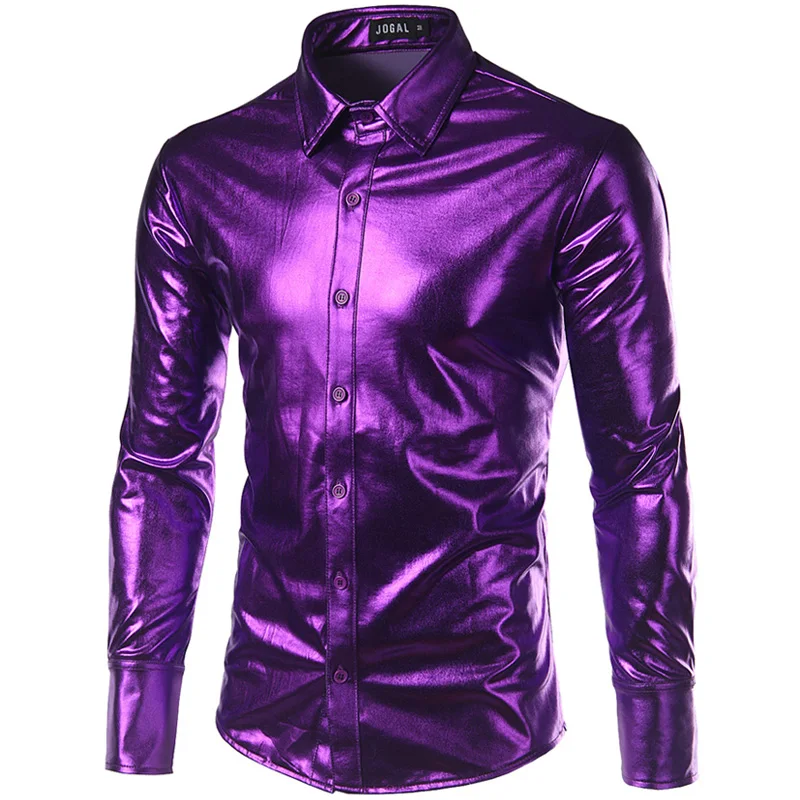 С фиолетовым покрытием металлик ночной клуб одежда рубашка для мужчин с длинным рукавом Хэллоуин Кнопка подпушка S платье Блестящий