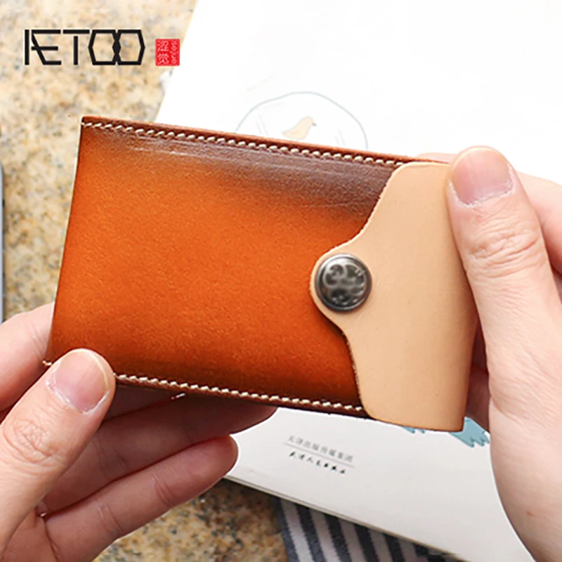 

AETOO Tanning cowhide Small card bag women's leather retro buckle Mini Card set male portable card clip