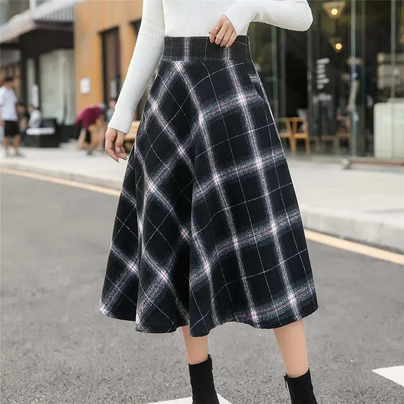 Feitong Female Womens High Elastic Waist Cotton Maxi Skirt A-line Plaid Autumn Winter Warm Straight Flare Long Skirt N15#N (5)
