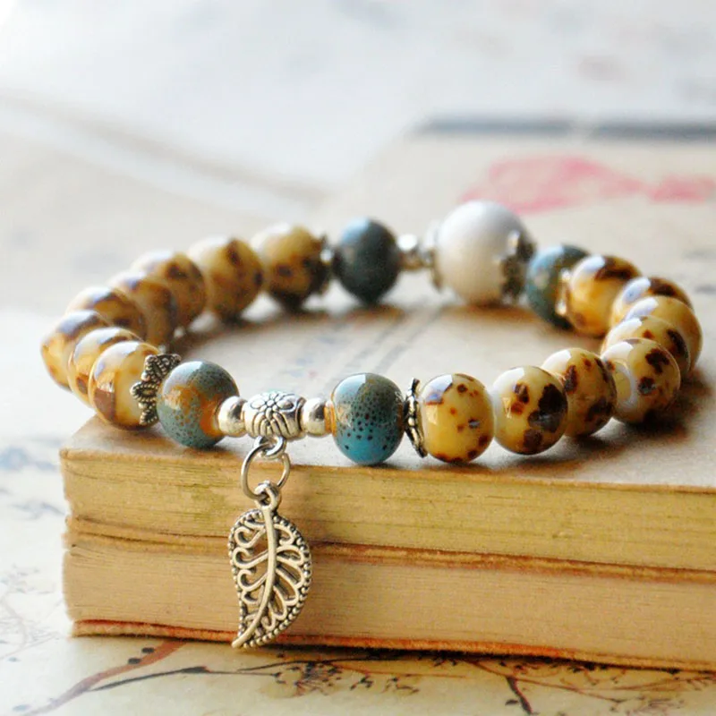 Ceramic Beads Bracelet Vintage Hollow Leaf Pendant Bracelets For Women Men Charm Silver Color Bead Bangle Bohemian Jewelry | Украшения и