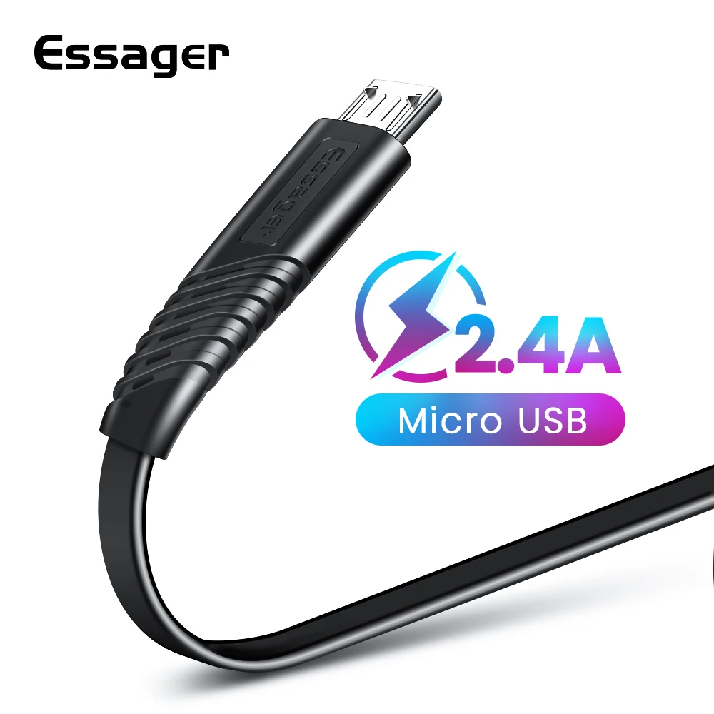Essager Micro USB Charger Flat Cable For Samsung Huawei Xiaomi 1M 2M Data Sync Cord Wire 2.4A fast charging Mobile Phone Cables