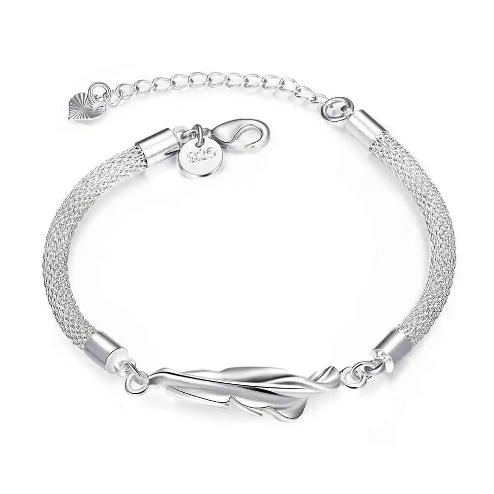 

Kiteal wholesale Bracelets Femme 2018 Jewelry Vintage Pulseras net chain Silver plated Simple Leaf Feather Bracelet For Women
