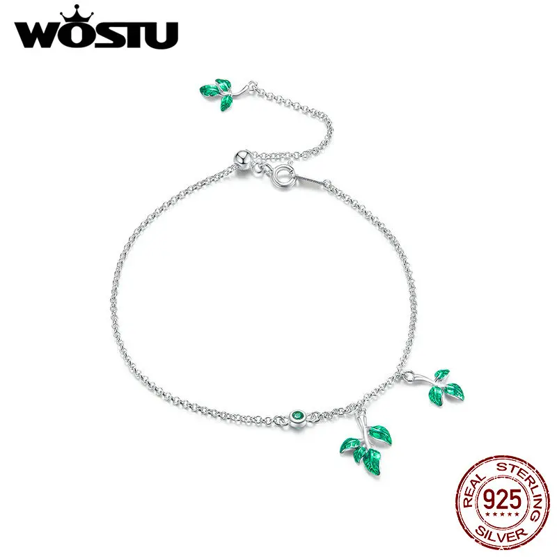 

WOSTU Green Branch Original Bracelets 100% 925 Sterling Silver Leaf Link Chain For Women Girls Wedding Engagement Jewelry CTB016