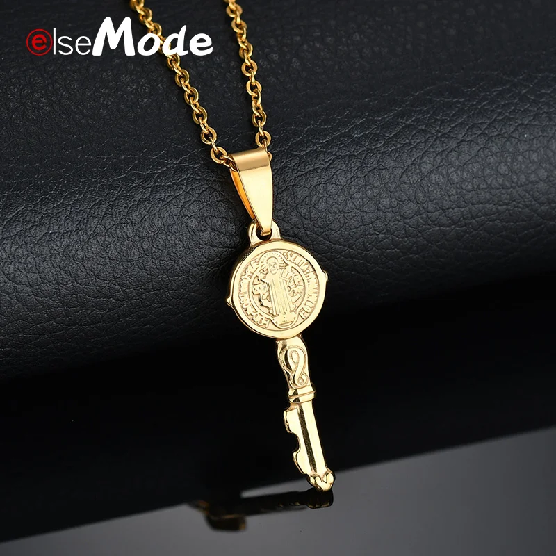 

ELSEMODE Saint Benedict Medal Key Necklace Gold Silver Titanium Stainless Steel Amulet Pendant Necklaces Catholicism Jewelry