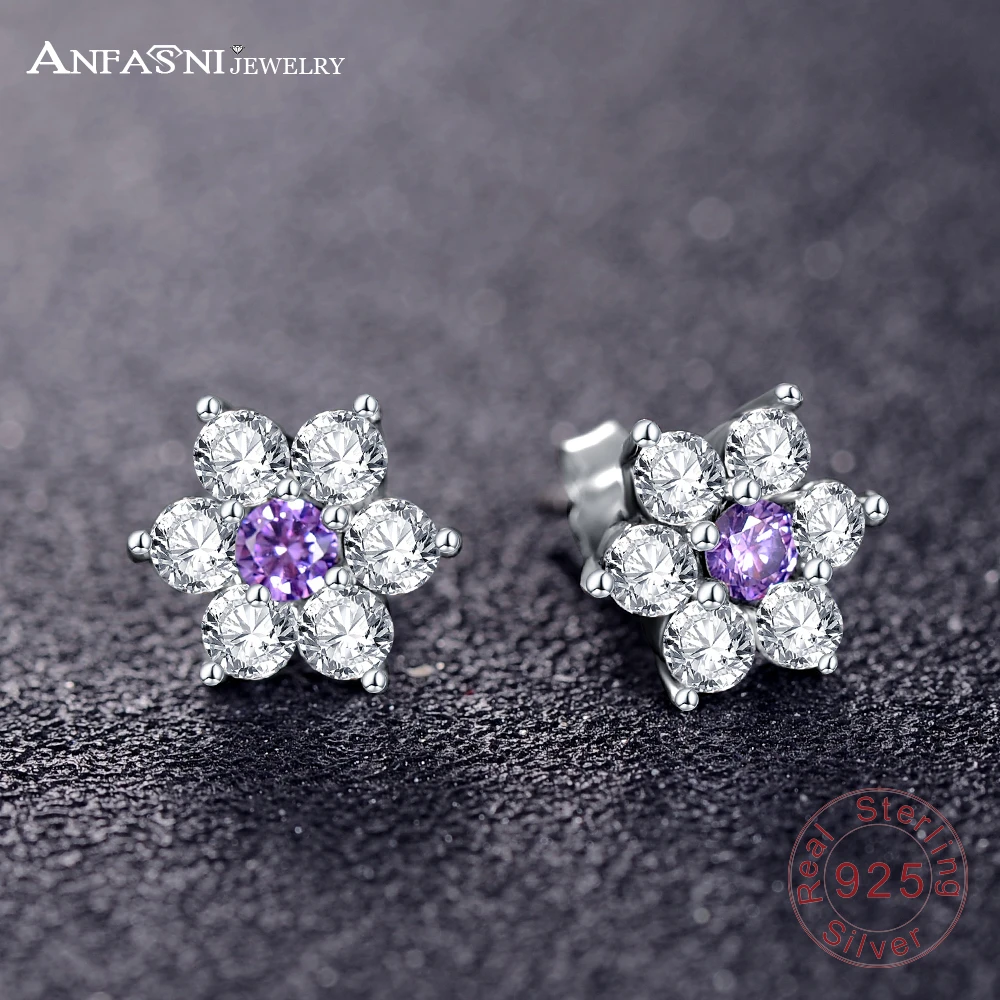 

ANFASNI Fashion Pretty 925 Sterling Silver Forget Me Not With Purple & Clear Cubic Zirconia Floral Stud Earrings For Women