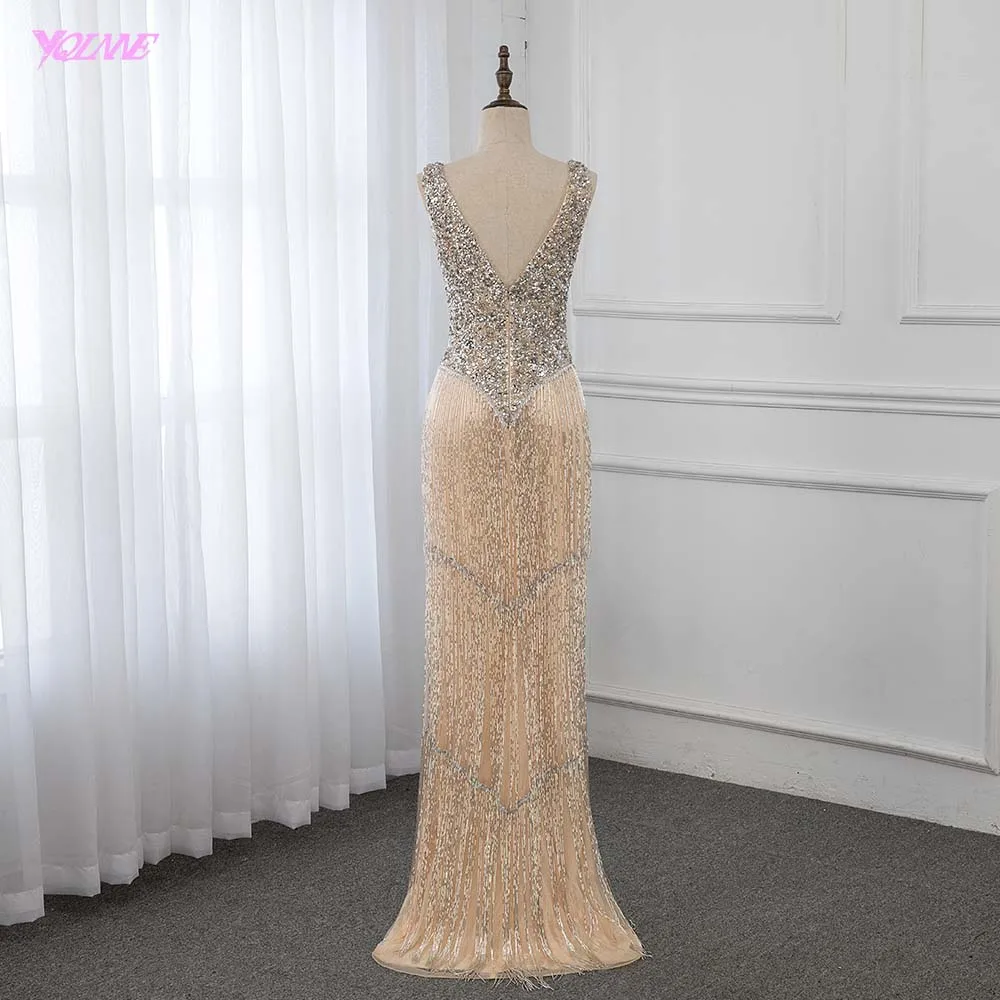 Luxury Deep V-neck Gold Crystals Evening Dress Long Beaded Mermaid Dress Formal Gown YQLNNE Luxury Deep V-neck Gold Crystals Evening Dress Long Beaded Mermaid Dress Formal Gown YQLNNE