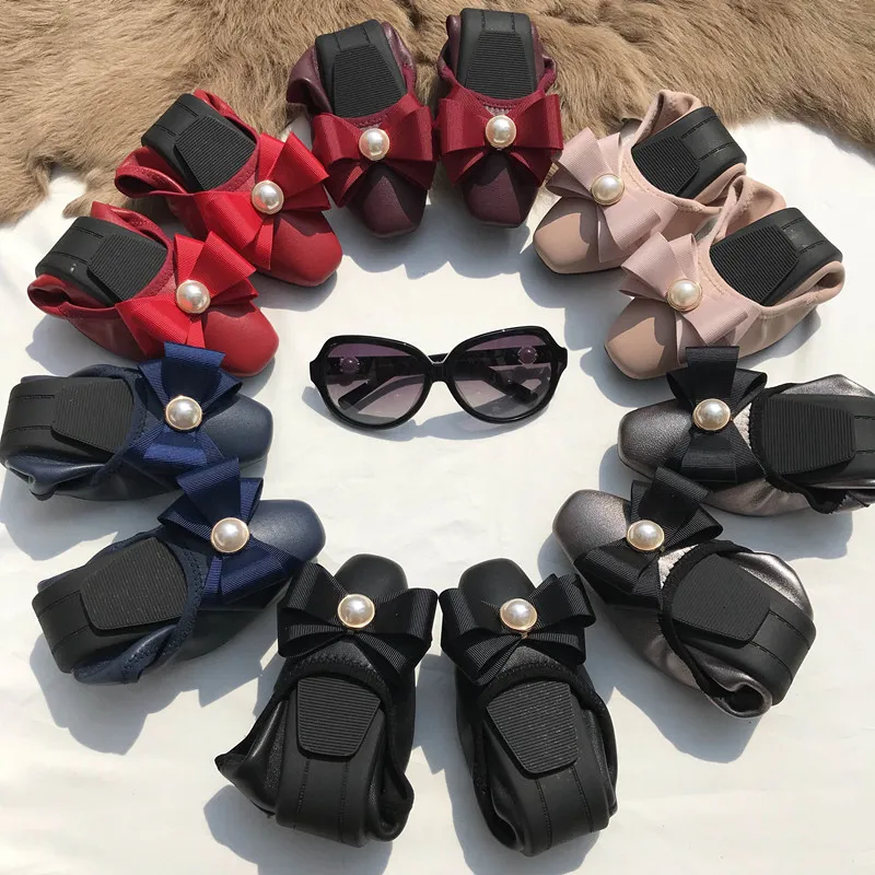 

New Arrival Genuine leather Flat Women Ballet Flats Shoes Women Plus Size 41 Black Square Toe Bowtie Shoes sheepskin For Lady