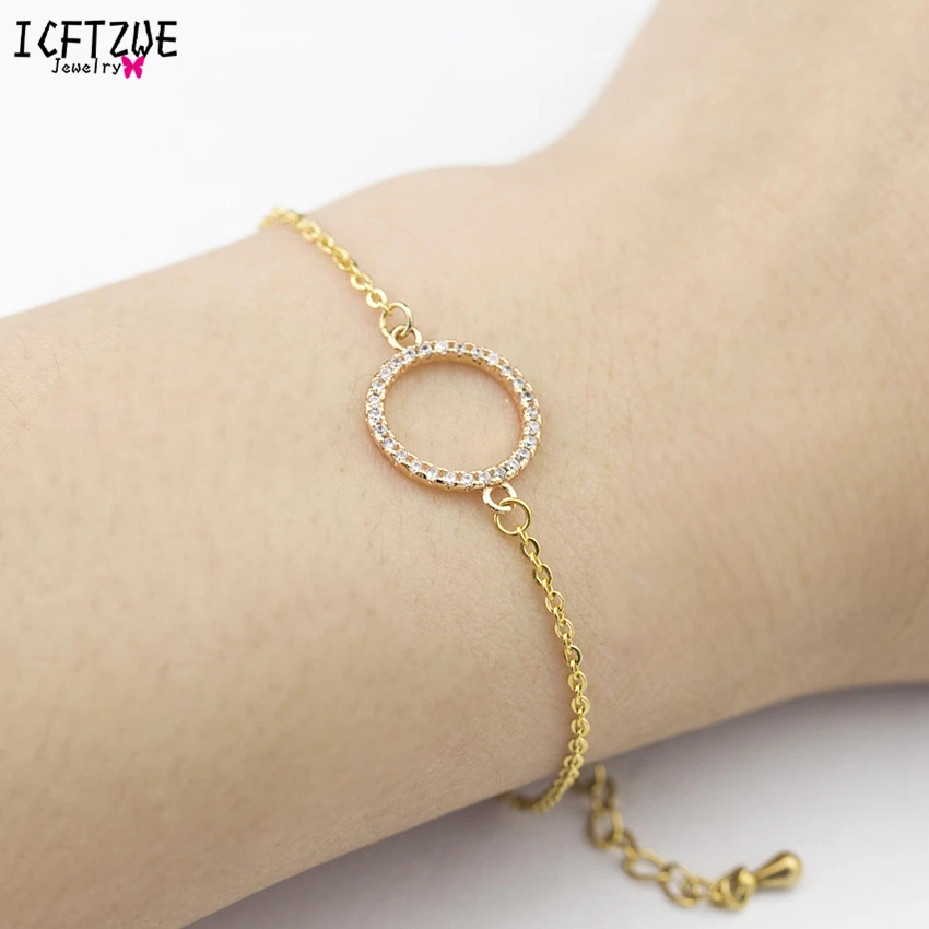 

ICFTZWE Bridesmaid Gift Stainless Steel Bracelets For Women Armbanden Voor Vrouwen Silver CZ Geometric Circle Bracelets Men BFF