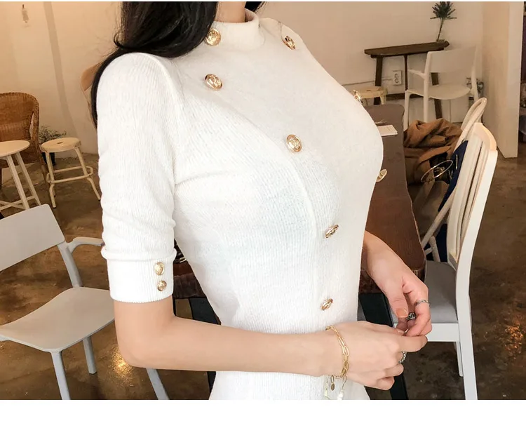 Temperament Lady Dresses Women Spring Design Sexy Bandage Sheath Mini White Knitted Double Button Tunic Sweater Dress 170D