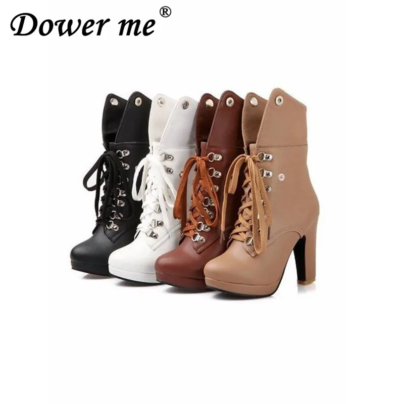 

Women Faux Leather Ankle Boots Designer Fashion Platform Chunky High Heels Lace Up Short Booties Woman 2019 Autumn Winter Shoes
