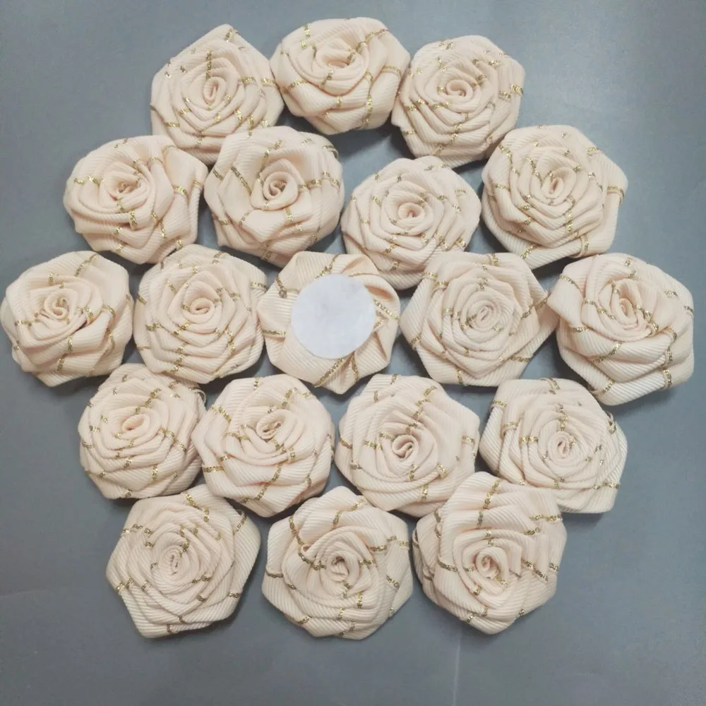 

10Pieces/Bag 4.5CM Ivory Polyester Ribbon Rose Flower Golden Silk Flat Flowers Hand DIY Wedding Women Hair Cloth Accessories