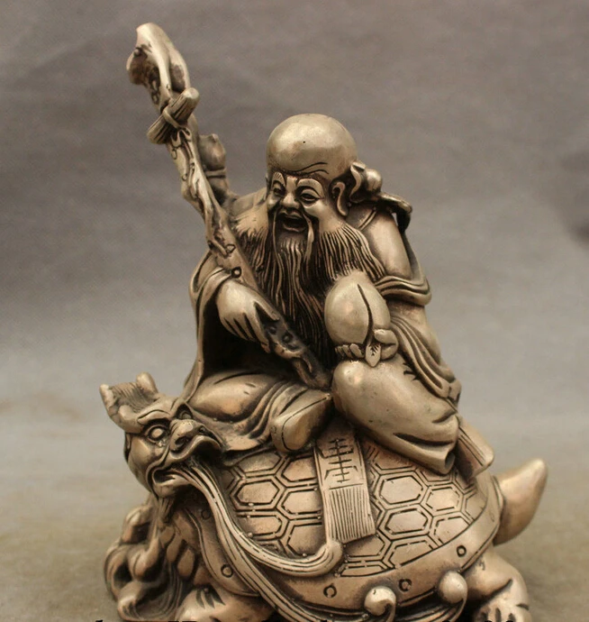 

Chinese Silver Buddhism Longevity God Shou Star Peach Statue Ride Dragon Turtle