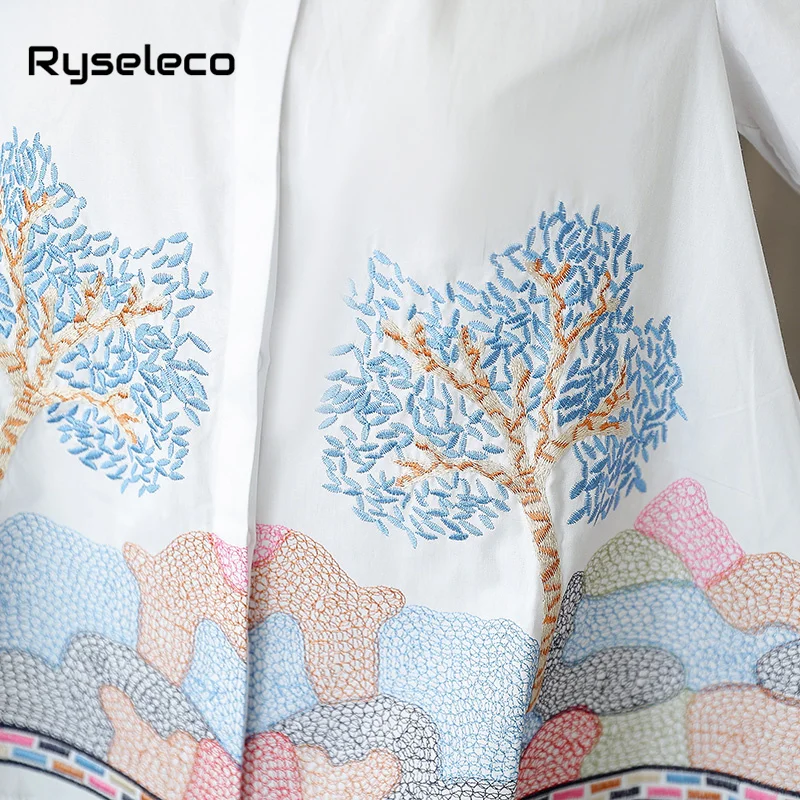Женские хлопковые белые блузки трапециевидной формы с вышивкой в виде милого мультяшного дерева для девочек, качественные рубашки с коротким рукавом больших размеров, обычные Топы